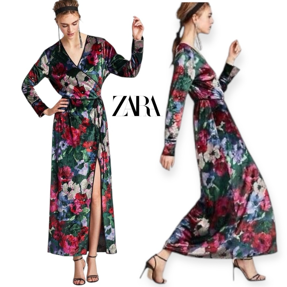 ZARA ACCESSORIES KIMONO VELVET FLORAL LONG SLEEVED LONG MAXI WRAP DRESS USA M